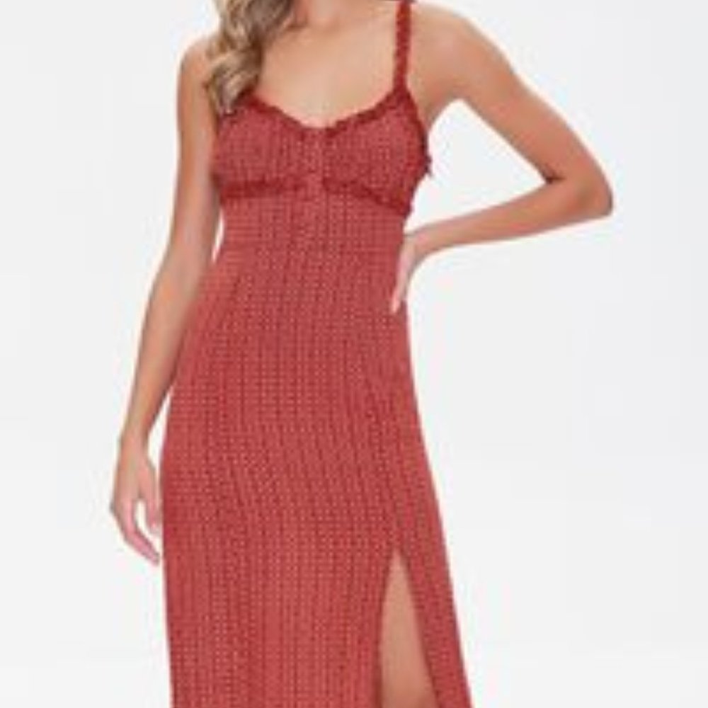 NWT Ornate Print Ruffle-Trim Slit Thigh Red Midi Dress Sz M